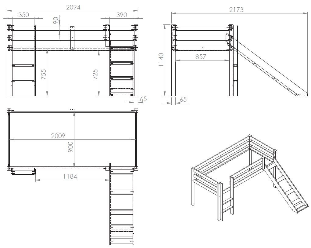 LUCEVI - Pino Halfhoogslaper + Ladder + Glijbaan + Spring Gordijntjes - Bruin - 90x200 cm