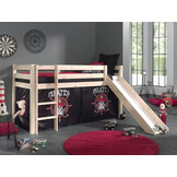 LUCEVI - Pino Halfhoogslaper + Ladder + Glijbaan + Pirates Gordijntjes - Bruin - 90x200 cm