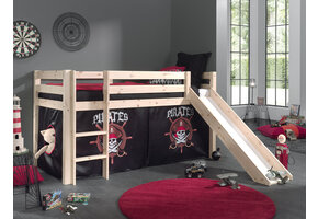 LUCEVI - Pino Halfhoogslaper + Ladder + Glijbaan + Pirates Gordijntjes - Bruin - 90x200 cm