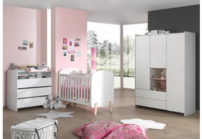 LUCEVI - Kiddy Babybed + Commode 3 laden + 3 Deurs Kleerkast - Wit - 60x120 cm