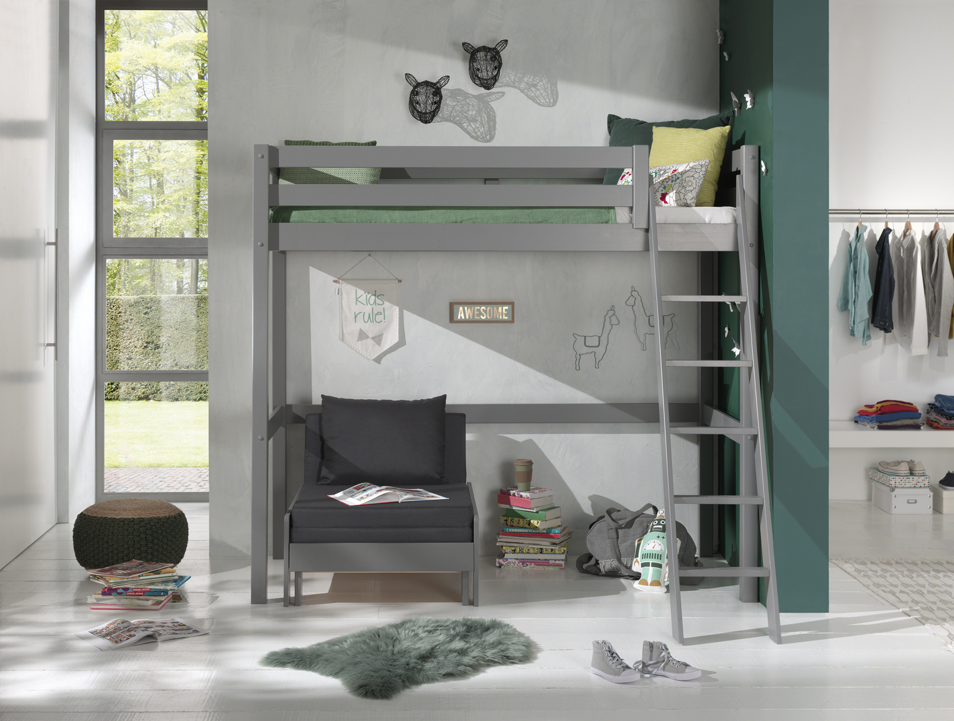 LUCEVI - Pino Mezzanine bed + Ladder + Slaapfauteuil - Grijs - 90x200 cm
