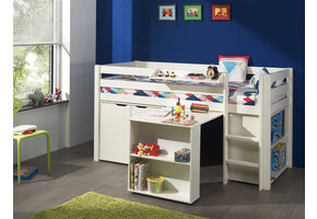 LUCEVI - Pino Halfhoogslaper + Ladder + Bureau + Boekenkast + Commode 2 deuren + Hangplank - Wit - 90x200 cm