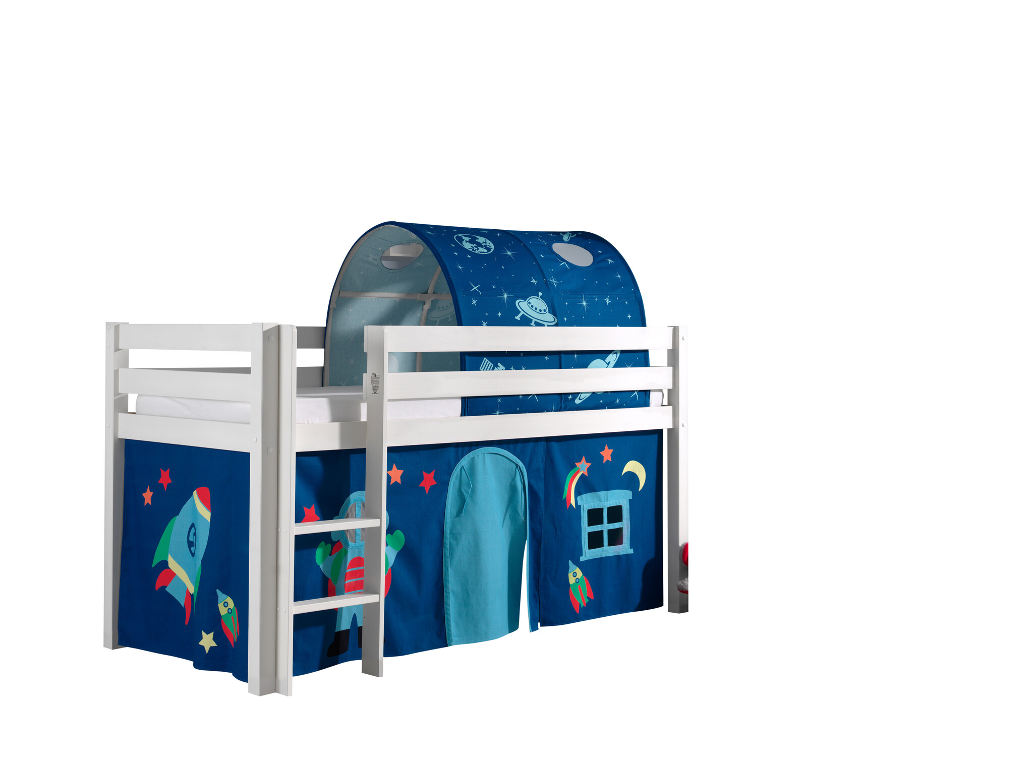 LUCEVI - Pino Halfhoogslaper + Ladder + Astro Gordijntjes + Astro Tunnel - Wit - 90x200 cm