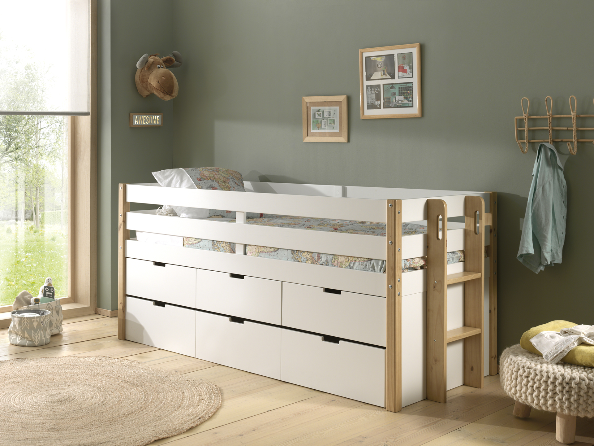 LUCEVI - Margrit Kajuitbed + 3 Laden + Rolbed - Wit - 90x200 cm