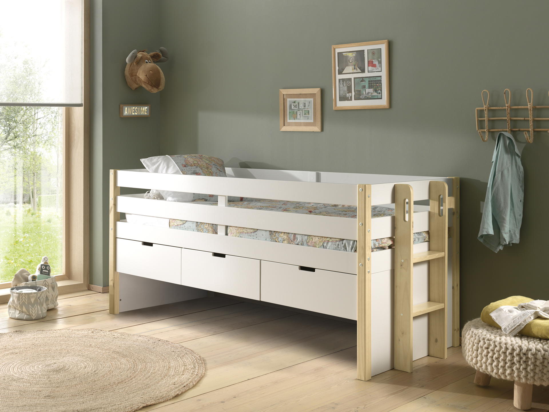 LUCEVI - Margrit Kajuitbed + 3 Laden + Rolbed - Wit - 90x200 cm