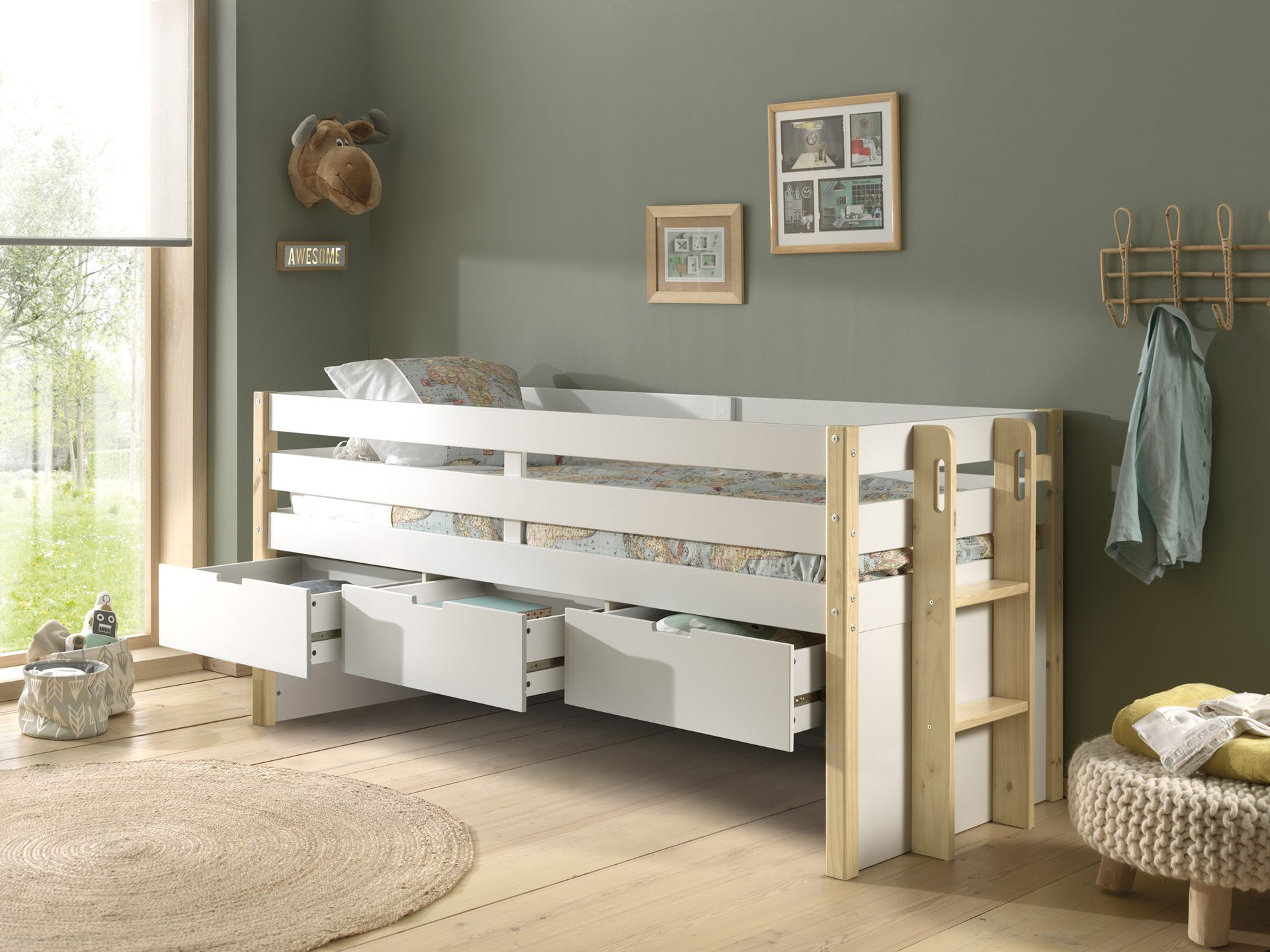 LUCEVI - Margrit Kajuitbed + 3 Laden + Rolbed - Wit - 90x200 cm