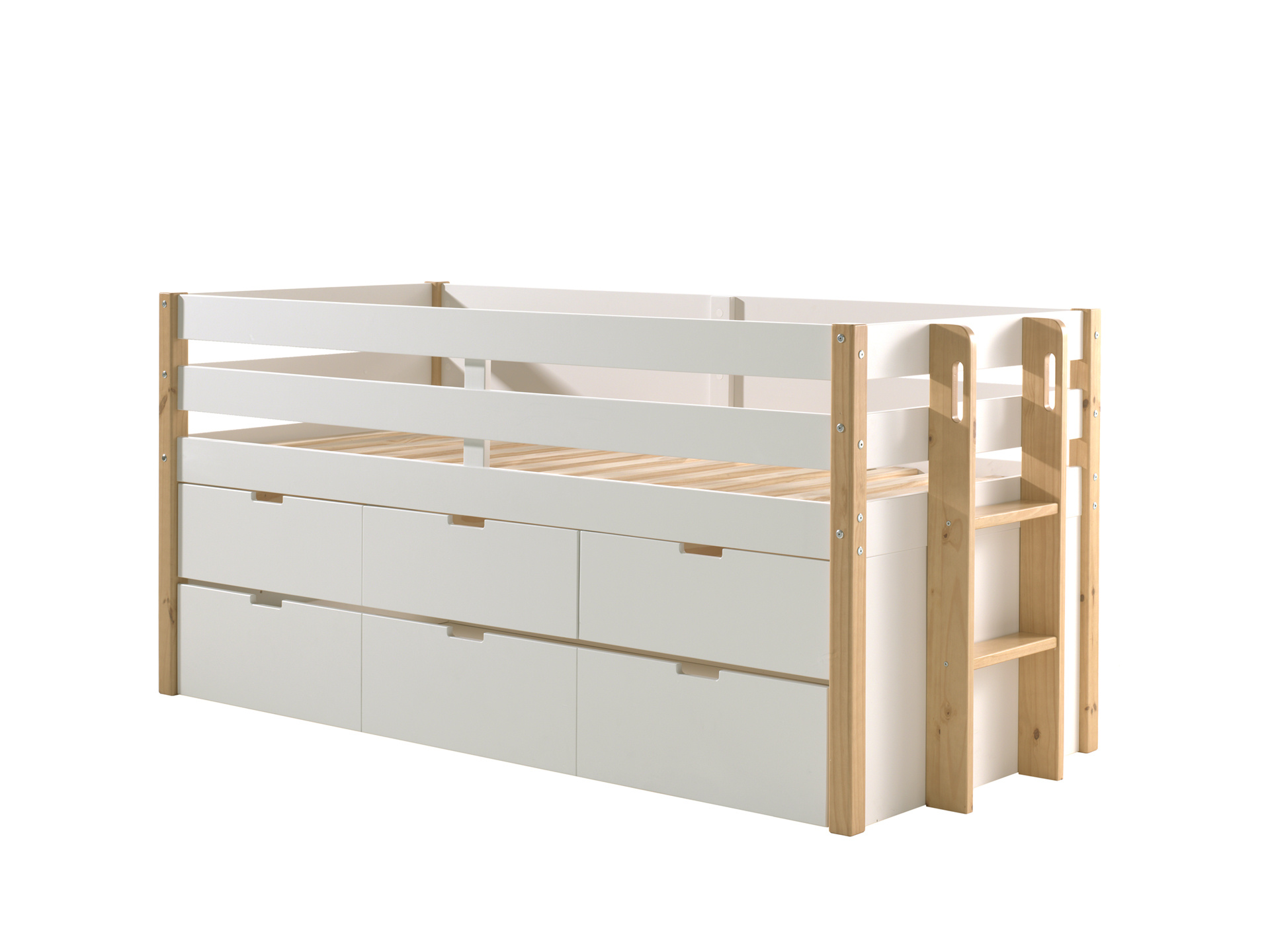 LUCEVI - Margrit Kajuitbed + 3 Laden + Rolbed - Wit - 90x200 cm