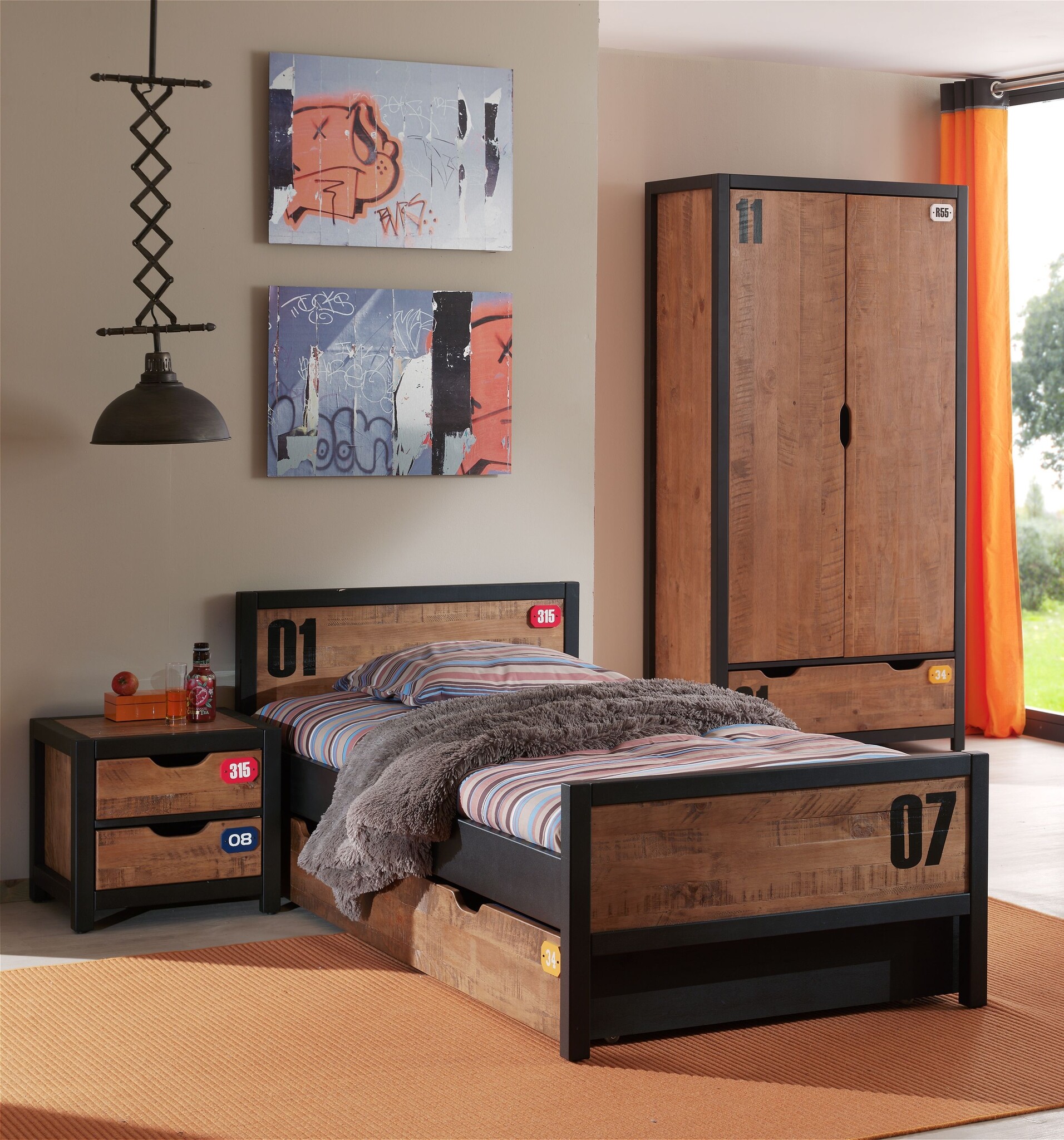 LUCEVI - Alex bed + Lattenbodem + Rolbed + Nachtkastje + 2 Deurs Kleerkast - Bruin - 90x200 cm