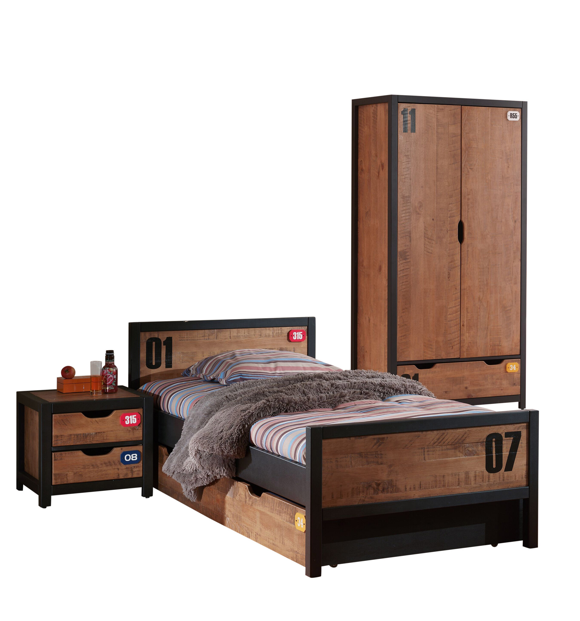 LUCEVI - Alex bed + Lattenbodem + Rolbed + Nachtkastje + 2 Deurs Kleerkast - Bruin - 90x200 cm