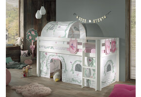 LUCEVI - Pino Halfhoogslaper + Ladder + Birdy Gordijntjes + 3 Zakjes + Birdy Tunnel - Wit - 90x200 cm