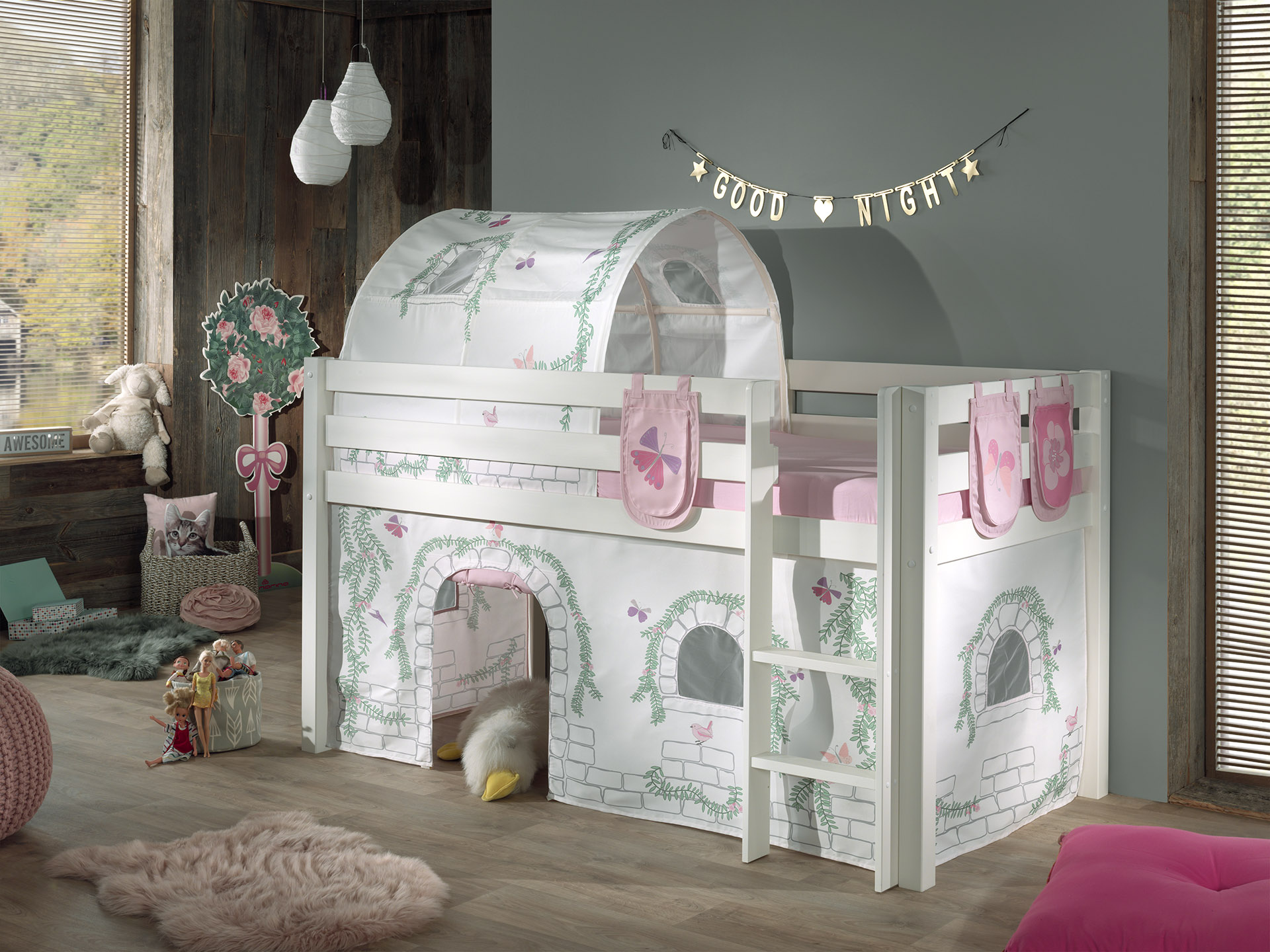 LUCEVI - Pino Halfhoogslaper + Ladder + Birdy Gordijntjes + 3 Zakjes + Birdy Tunnel - Wit - 90x200 cm