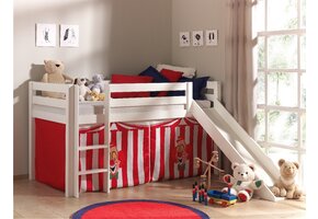 LUCEVI - Pino Halfhoogslaper + Ladder + Glijbaan + Clown Gordijntjes - Wit - 90x200 cm