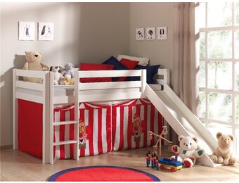 LUCEVI - Pino Halfhoogslaper + Ladder + Glijbaan + Clown Gordijntjes - Wit - 90x200 cm