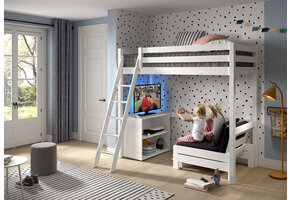 LUCEVI - Pino Mezzanine bed + boekenkast + Slaapfauteuil - Wit - 90x200 cm
