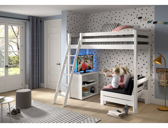 LUCEVI - Pino Mezzanine bed + boekenkast + Slaapfauteuil - Wit - 90x200 cm