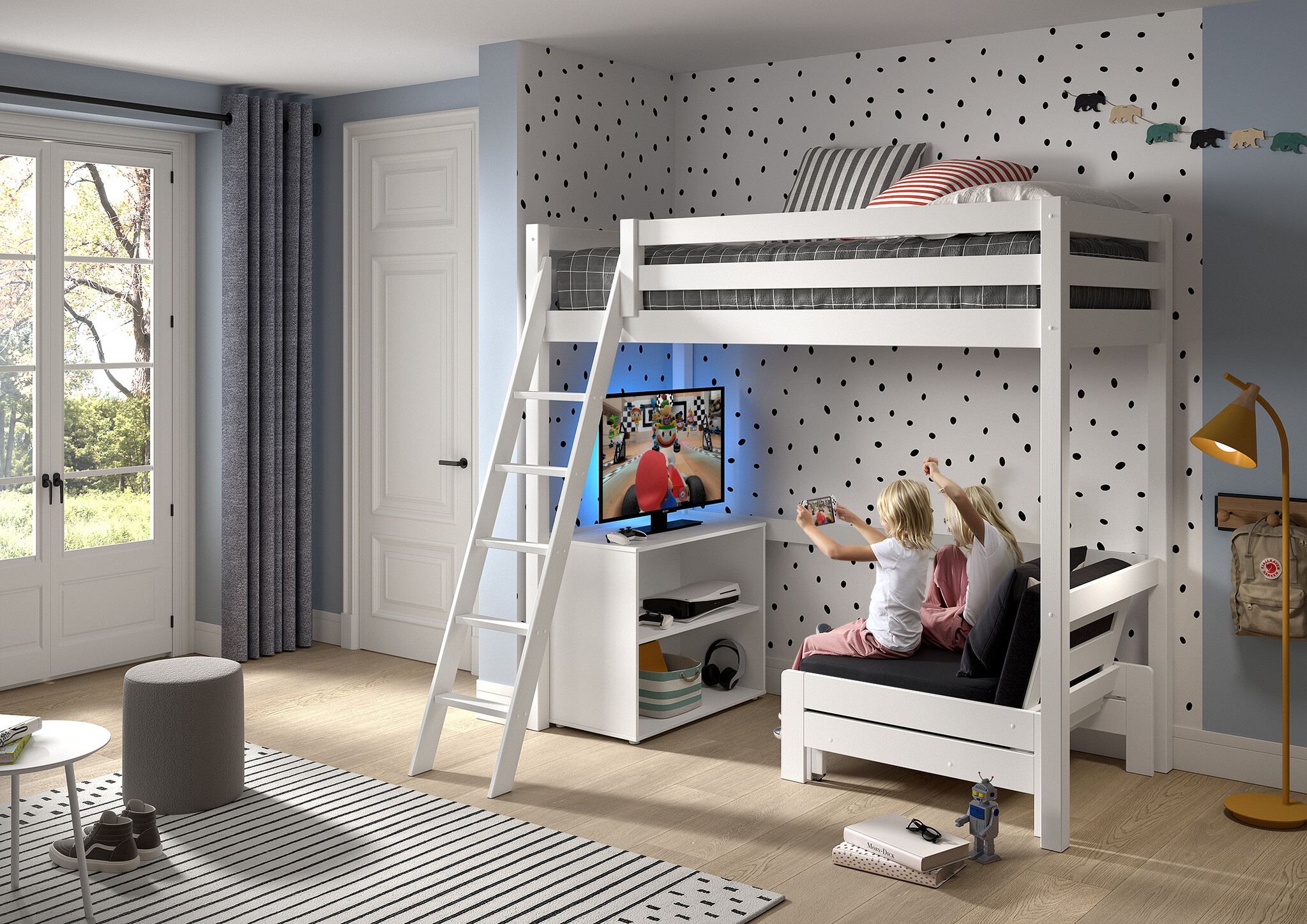 LUCEVI - Pino Mezzanine bed + boekenkast + Slaapfauteuil - Wit - 90x200 cm