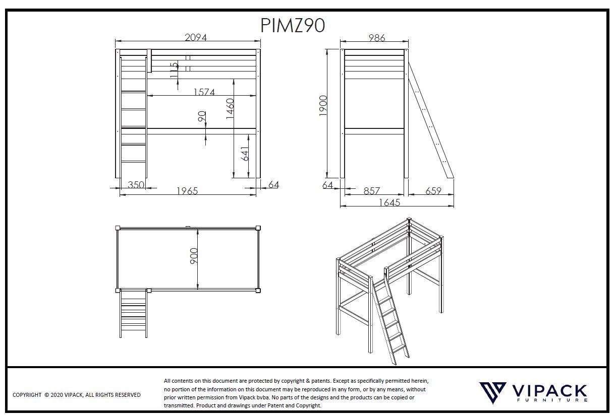 LUCEVI - Pino Mezzanine bed + boekenkast + Slaapfauteuil - Wit - 90x200 cm