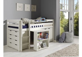 LUCEVI - Pino Halfhoogslaper + Ladder + Bureau + Commode 4 laden + Hangplank + Commode 2 deuren - Wit - 90x200 cm