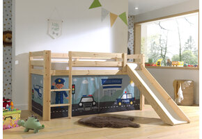 LUCEVI - Pino Halfhoogslaper H115CM + Ladder + Glijbaan + Police Gordijntjes - Bruin - 90x200 cm