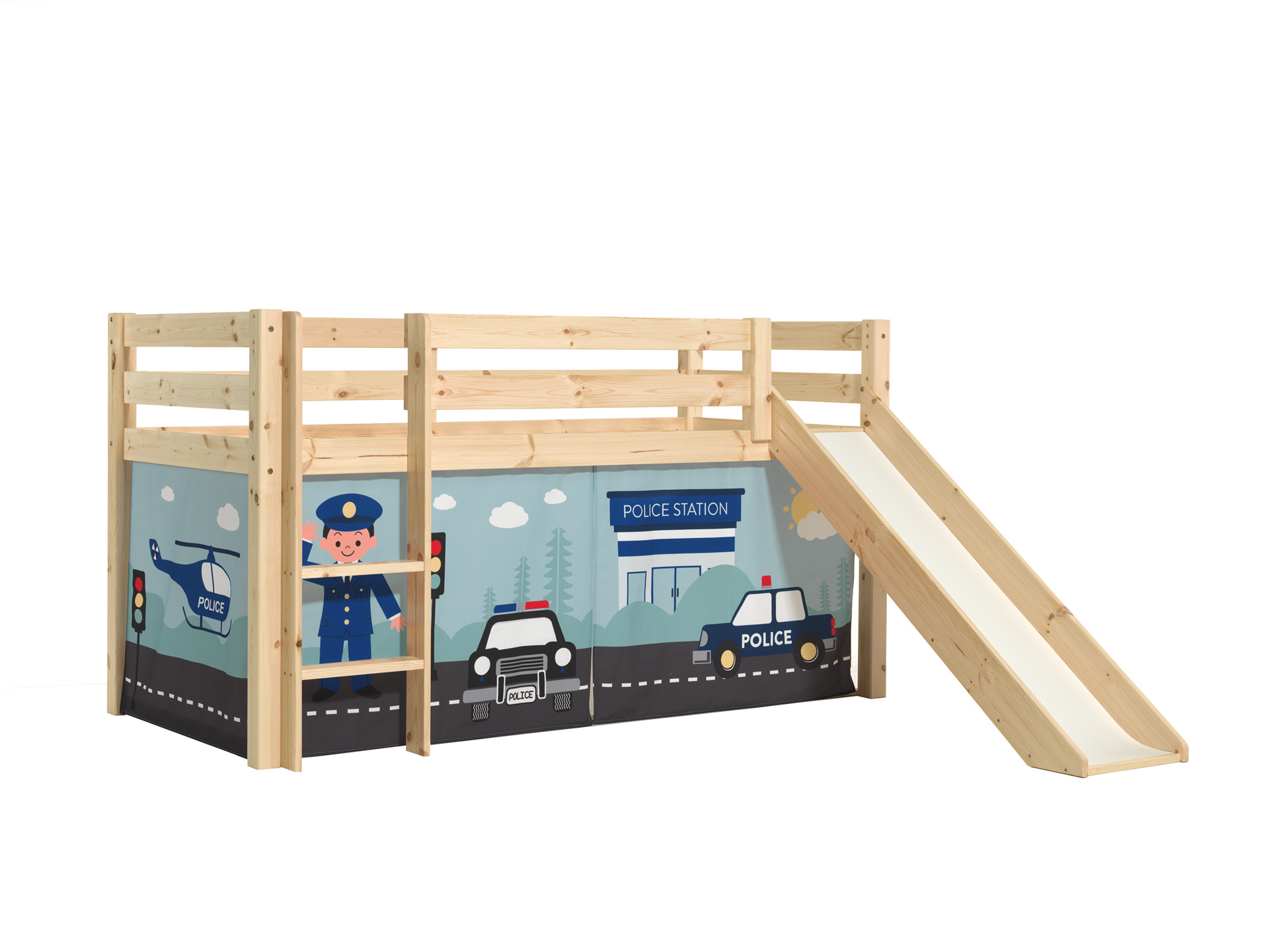 LUCEVI - Pino Halfhoogslaper H115CM + Ladder + Glijbaan + Police Gordijntjes - Bruin - 90x200 cm
