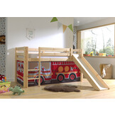 LUCEVI - Pino Halfhoogslaper H115CM + Ladder + Glijbaan + Fire Truck Gordijntjes - Bruin - 90x200 cm