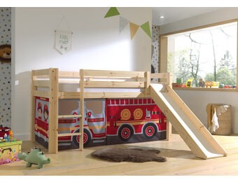 LUCEVI - Pino Halfhoogslaper H115CM + Ladder + Glijbaan + Fire Truck Gordijntjes - Bruin - 90x200 cm