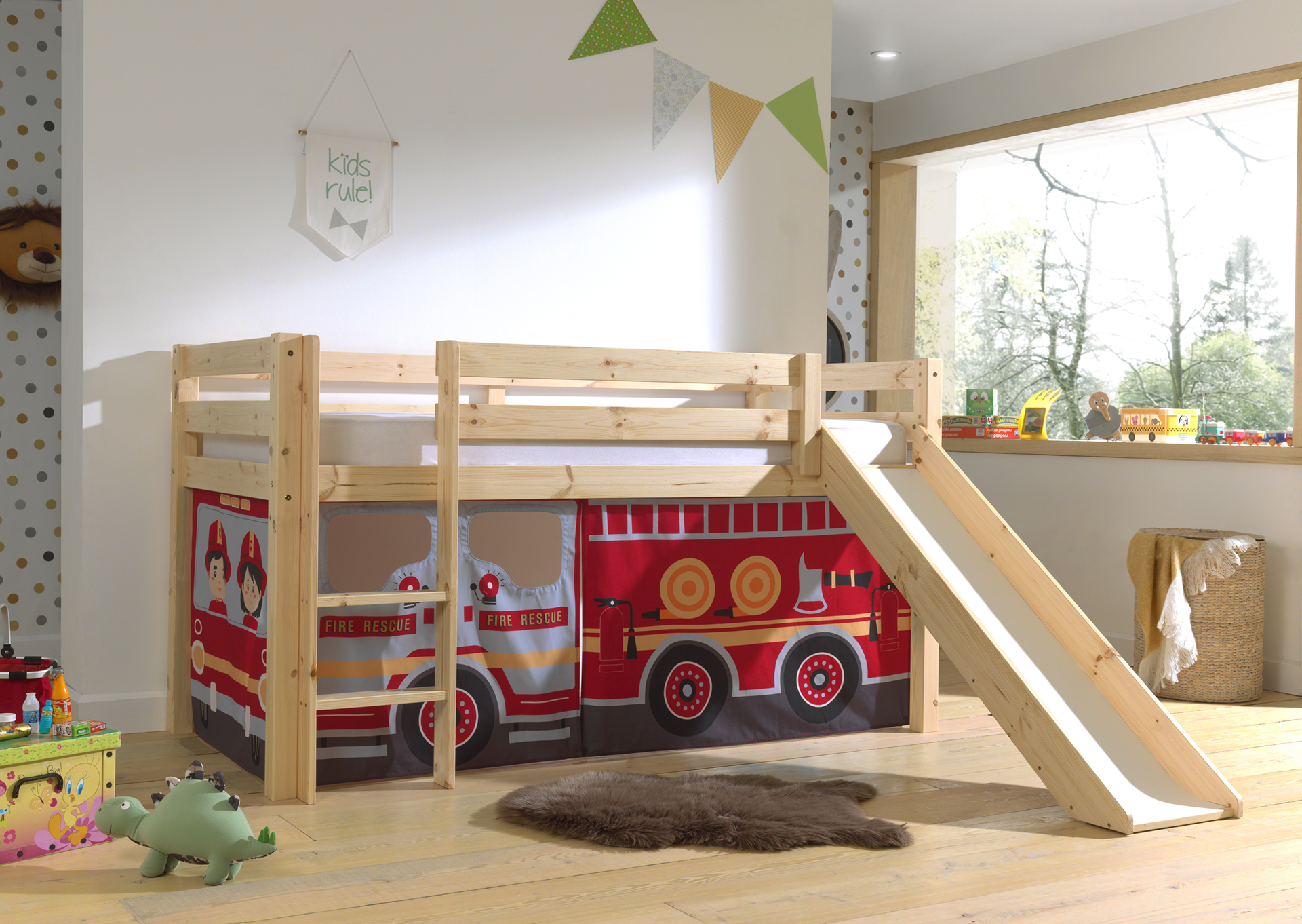 LUCEVI - Pino Halfhoogslaper H115CM + Ladder + Glijbaan + Fire Truck Gordijntjes - Bruin - 90x200 cm