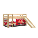 LUCEVI - Pino Halfhoogslaper H115CM + Ladder + Glijbaan + Fire Truck Gordijntjes - Bruin - 90x200 cm