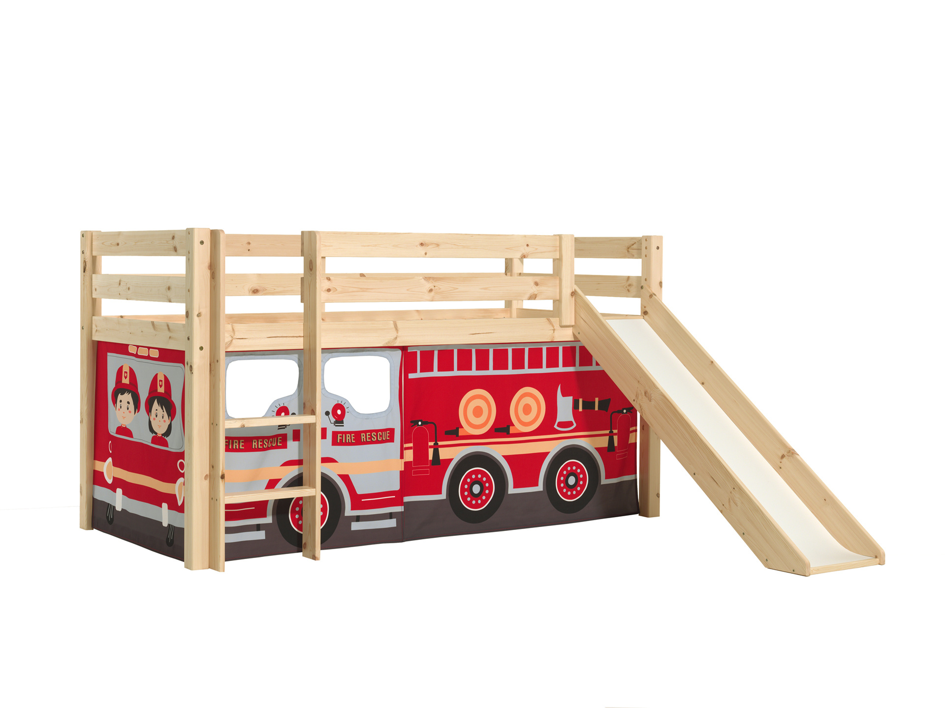 LUCEVI - Pino Halfhoogslaper H115CM + Ladder + Glijbaan + Fire Truck Gordijntjes - Bruin - 90x200 cm