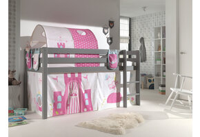 LUCEVI - Pino Halfhoogslaper H115CM + Ladder + Princess Gordijntjes + 3 Zakjes + Princess Tunnel - Grijs - 90x200 cm