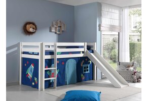 LUCEVI - Pino Halfhoogslaper + Ladder + Glijbaan + Astro Gordijntjes - Wit - 90x200 cm