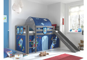 LUCEVI - Pino Halfhoogslaper + Ladder + Glijbaan + Astro Gordijntjes + 3 Zakjes + Astro Tunnel - Grijs - 90x200 cm