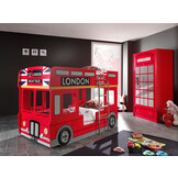 LUCEVI - Carbeds London Bus Stapelbed + Lattenbodem + LED-lampen - 2 Deurs kast - Rood - 90x200 cm
