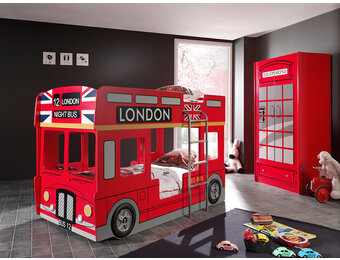 LUCEVI - Carbeds London Bus Stapelbed + Lattenbodem + LED-lampen - 2 Deurs kast - Rood - 90x200 cm