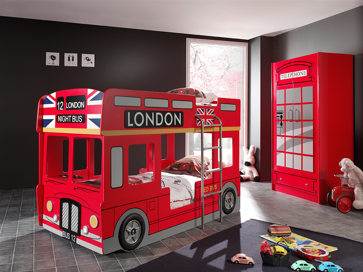 LUCEVI - Carbeds London Bus Stapelbed + Lattenbodem + LED-lampen - 2 Deurs kast - Rood - 90x200 cm