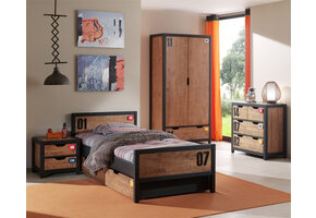 LUCEVI - Alex bed + Lattenbodem + Rolbed + Nachtkastje + 2 Deurs Kleerkast + Commode 3 laden - Bruin - 90x200 cm
