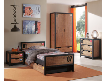 LUCEVI - Alex bed + Lattenbodem + Rolbed + Nachtkastje + 2 Deurs Kleerkast + Commode 3 laden - Bruin - 90x200 cm