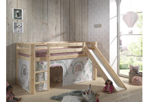 LUCEVI - Pino Halfhoogslaper + Ladder + Glijbaan + Birdy Gordijntjes - Bruin - 90x200 cm