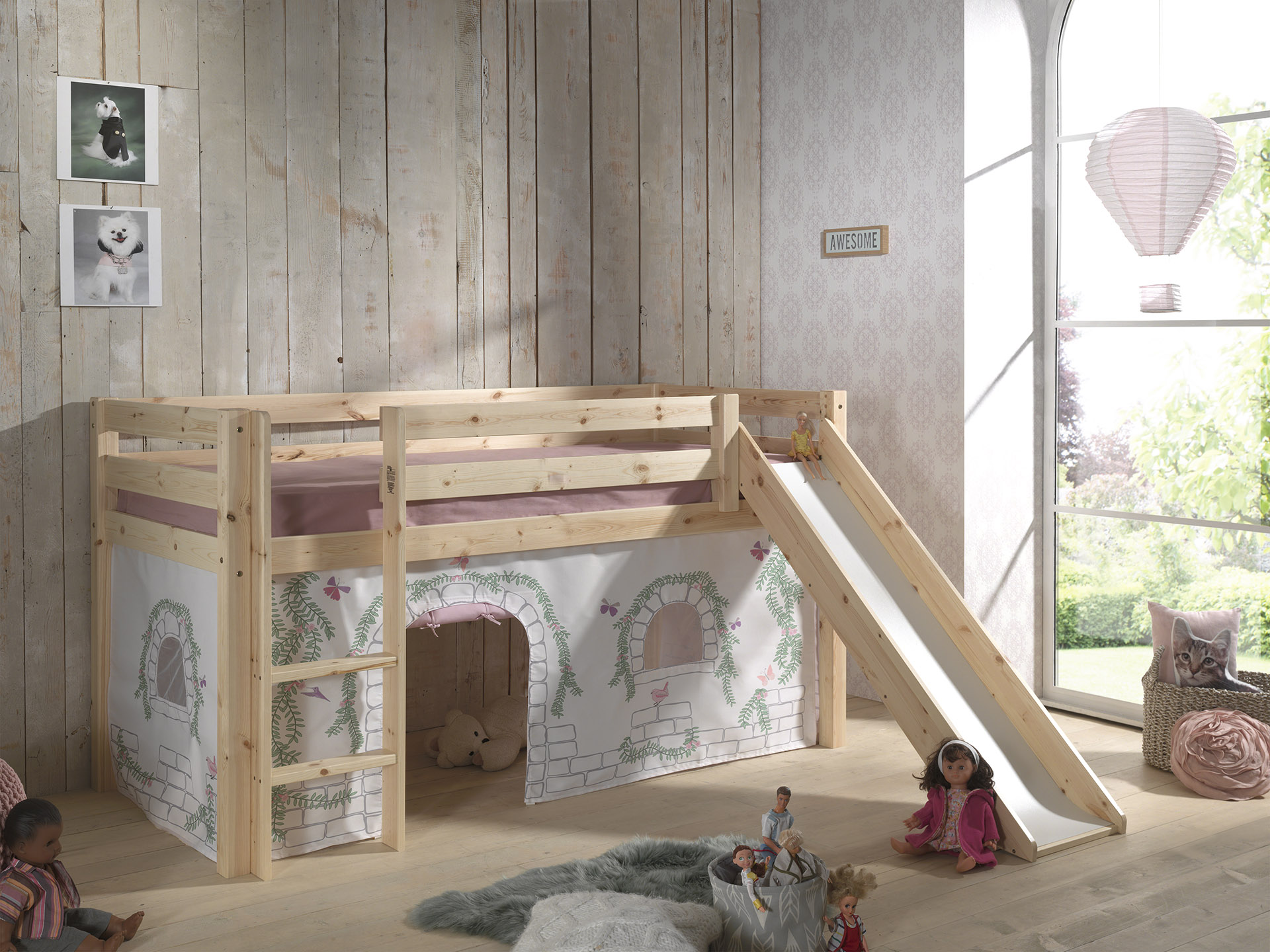 LUCEVI - Pino Halfhoogslaper + Ladder + Glijbaan + Birdy Gordijntjes - Bruin - 90x200 cm