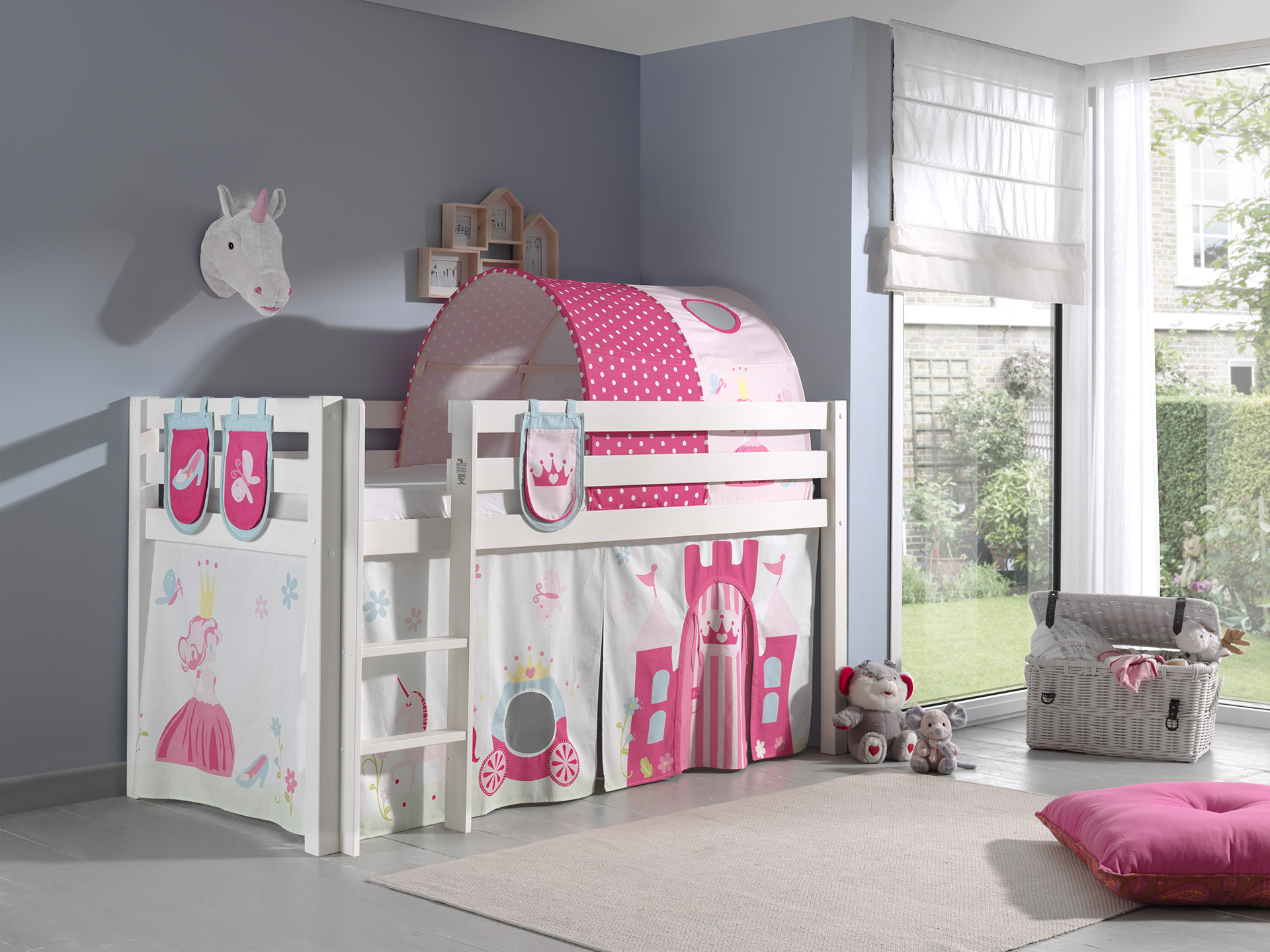 LUCEVI - Pino Halfhoogslaper + Ladder + Princess Gordijntjes + 3 Zakjes + Princess Tunnel - Wit - 90x200 cm