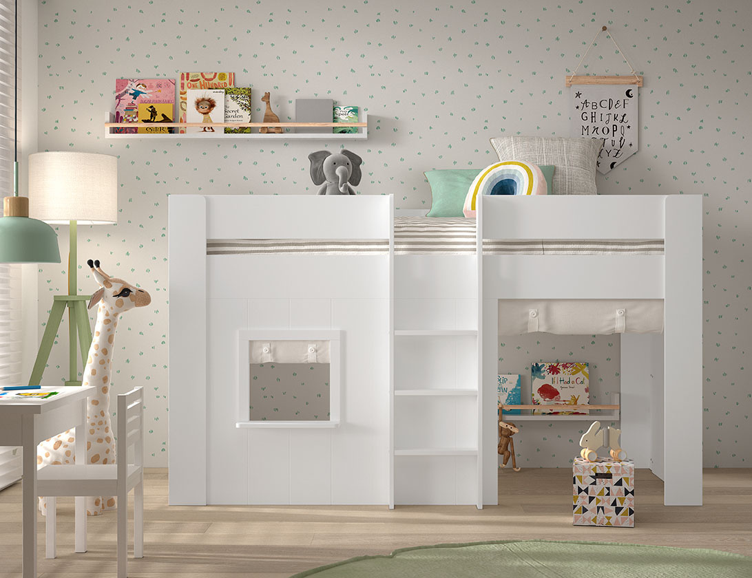 LUCEVI - Reno halfhoogslaper + Noah set gordijntjes - Wit - 90x200 cm