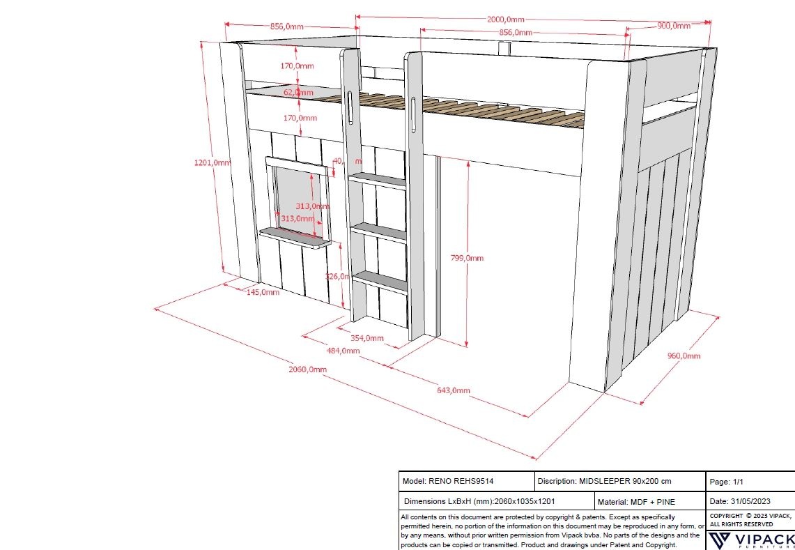 LUCEVI - Reno halfhoogslaper + Noah set gordijntjes - Wit - 90x200 cm