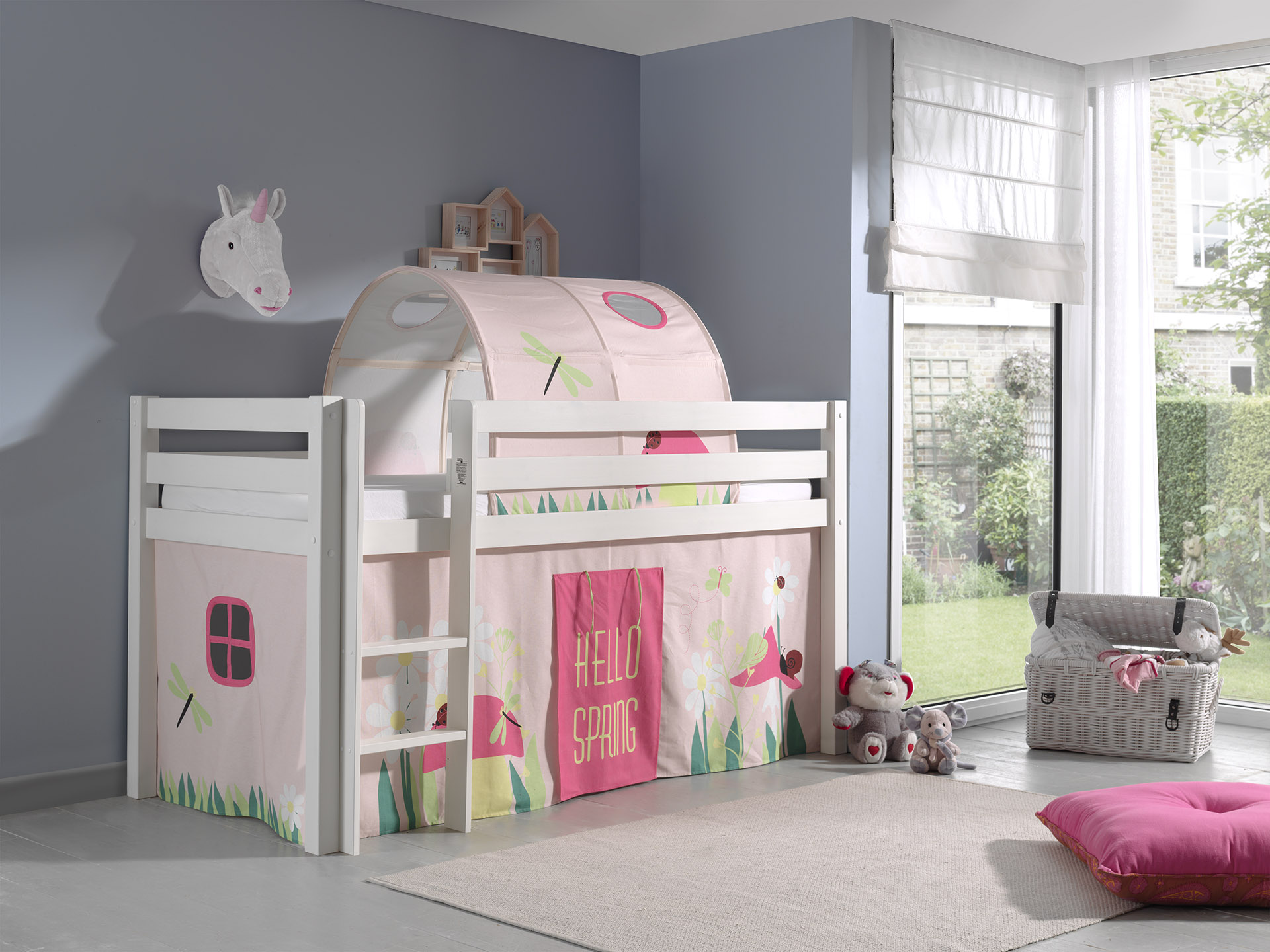 LUCEVI - Pino Halfhoogslaper + Ladder + Spring Gordijntjes + Spring Tunnel - Wit - 90x200 cm