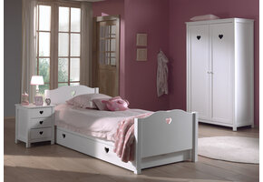 LUCEVI - Amori bed + Lattenbodem + Nachtkastje + 2 Deurs Kleerkast + Rolbed - Wit - 90x200 cm