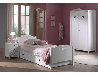 LUCEVI - Amori bed + Lattenbodem + Nachtkastje + 2 Deurs Kleerkast + Rolbed - Wit - 90x200 cm