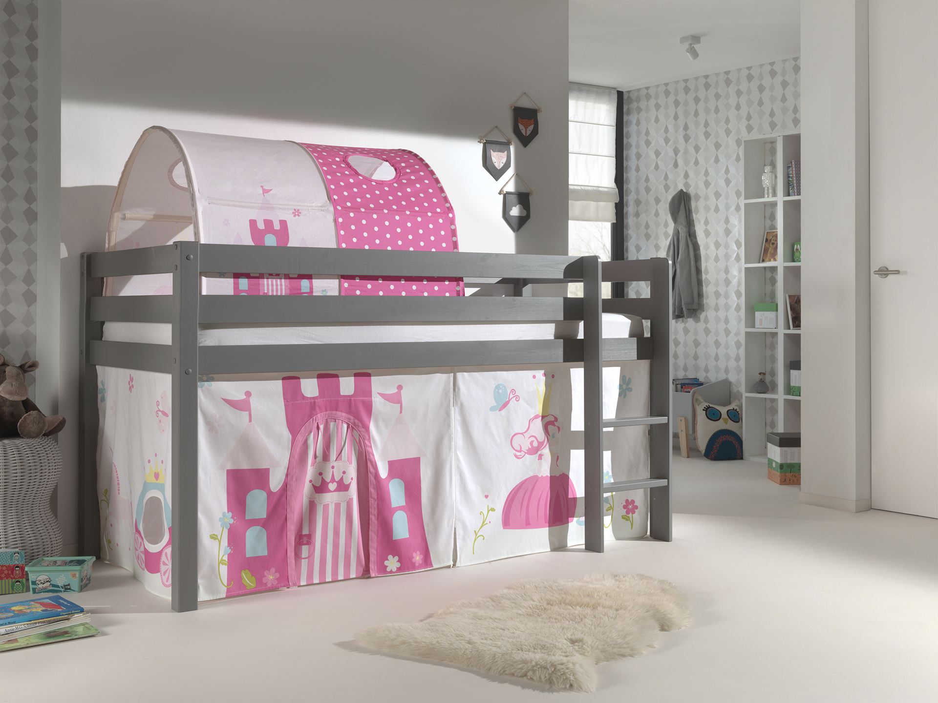 LUCEVI - Pino Halfhoogslaper H115CM + Ladder + Princess Gordijntjes + Princess Tunnel - Grijs - 90x200 cm