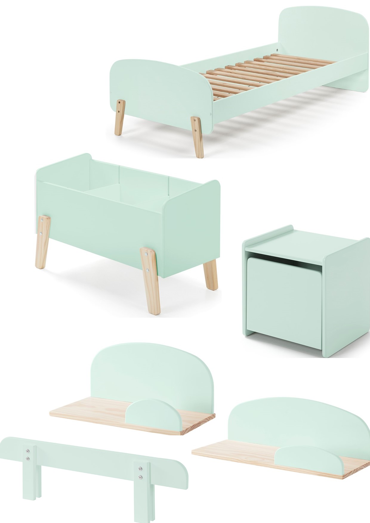 LUCEVI - Kiddy bed + Nachtkastje + Hangplankjes + Uitvalbeveiliging + Speelkoffer - Mint Groen - 90x200 cm