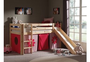 LUCEVI - Pino Halfhoogslaper + Ladder + Glijbaan + Pink Flower Gordijntjes - Bruin - 90x200 cm