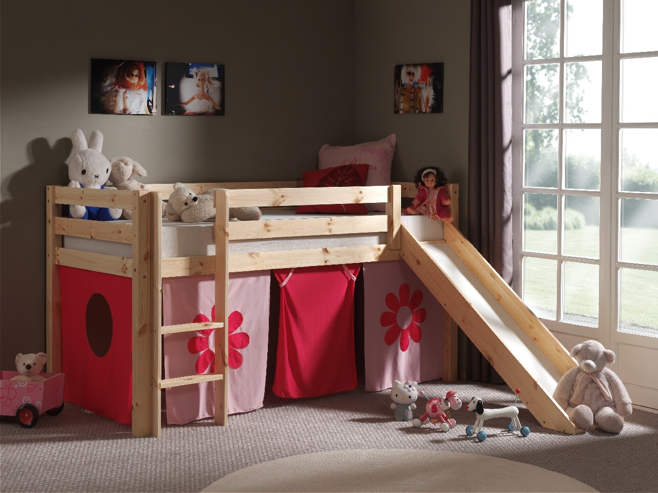 LUCEVI - Pino Halfhoogslaper + Ladder + Glijbaan + Pink Flower Gordijntjes - Bruin - 90x200 cm