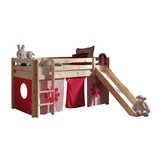 LUCEVI - Pino Halfhoogslaper + Ladder + Glijbaan + Pink Flower Gordijntjes - Bruin - 90x200 cm